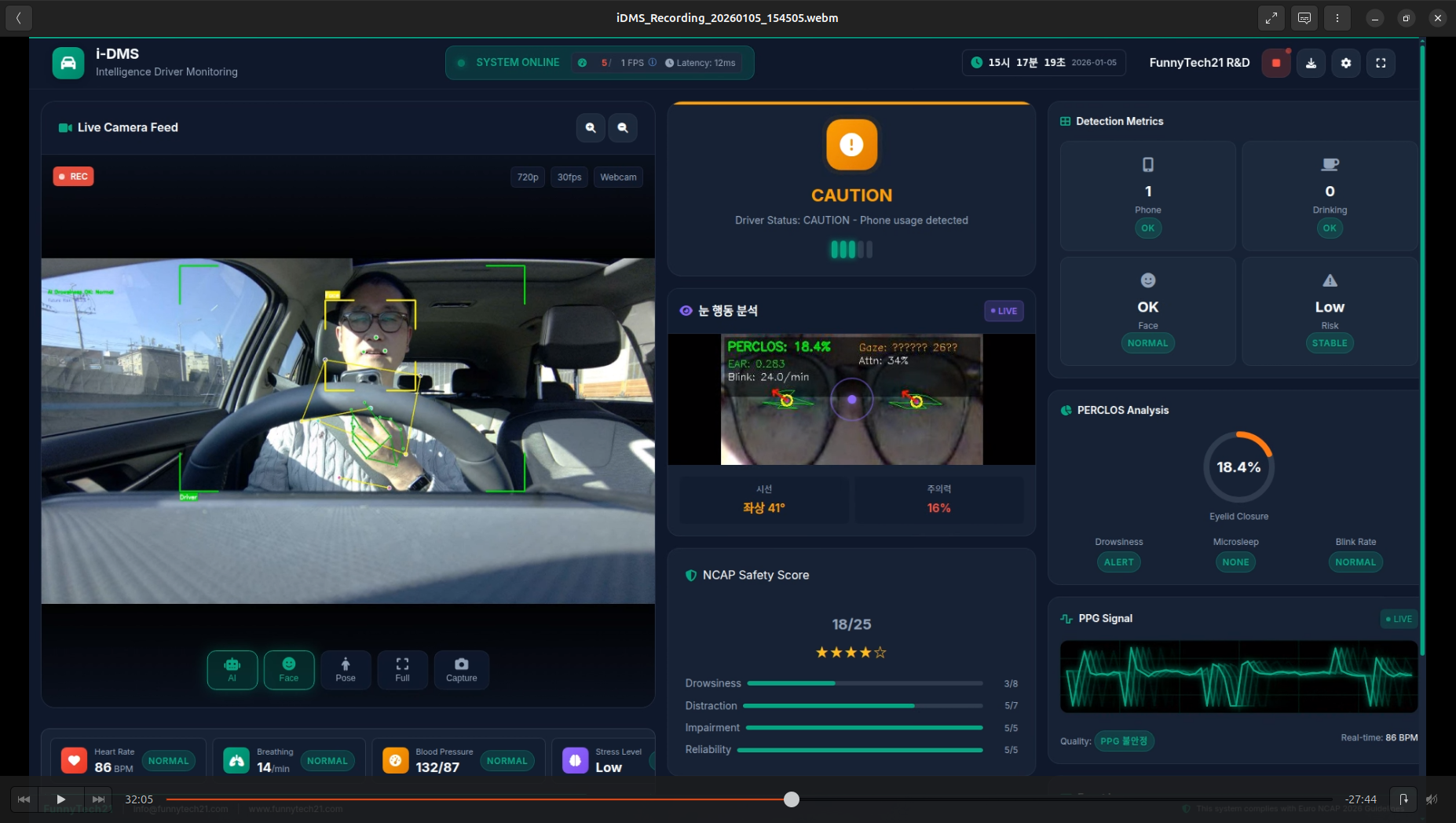 i-DMS 폰 사용 감지 - CAUTION 상태